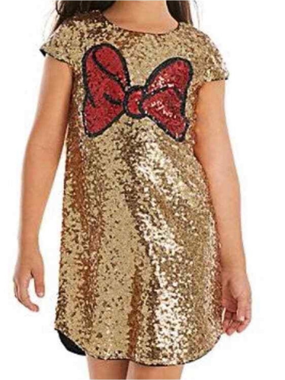 Disney Store Minnie Mouse Bow Gold Sequin Shift Girls Dress New Size 7/8